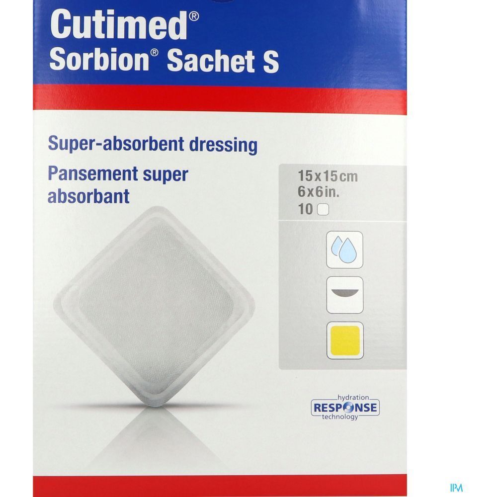 Emballage de Cutimed Sorbion Sachet S. Pansement super absorbant. Taille 15x15cm. Informations et logo.