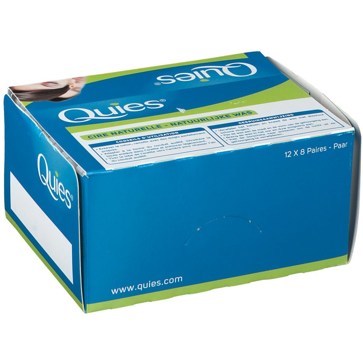 Boîte bleue et blanche avec logo Quies. Inscription: Cire Naturelle, Natuurlijke Was. Texte: 12 x 8 paires. Adresse du site web: www.quies.com.