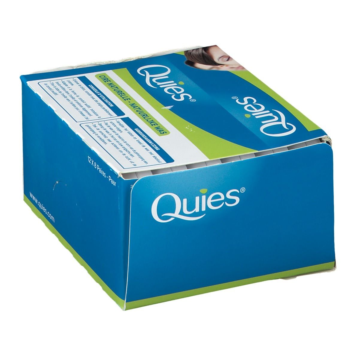 Boîte bleue et blanche avec logo Quies. Inscription: Cire Naturelle, Natuurlijke Was. Image d'une femme. Texte.