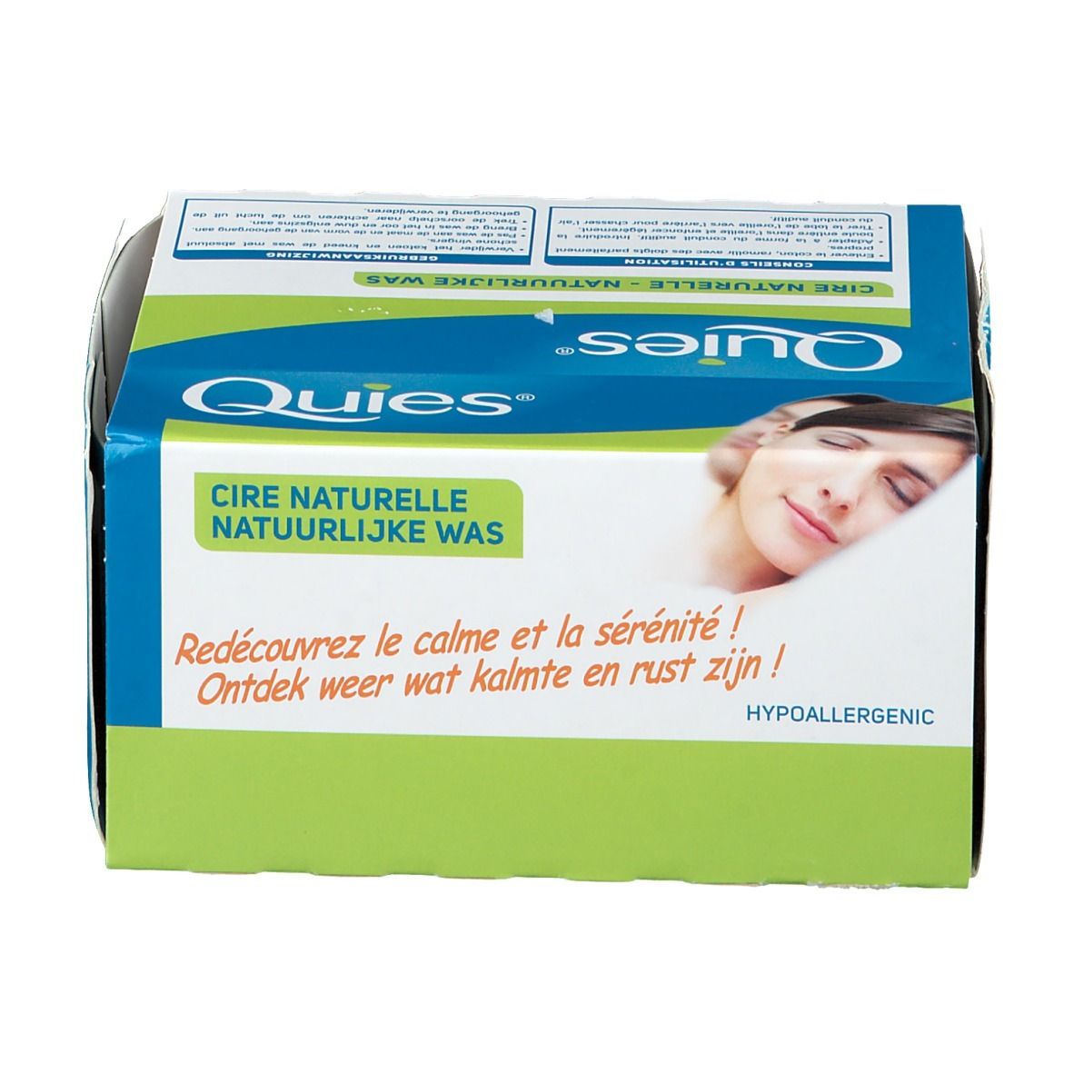 Boîte bleue et blanche avec logo Quies. Inscription: Cire Naturelle, Natuurlijke Was. Image d'une femme. Texte: Redécouvrez le calme et la sérénité !