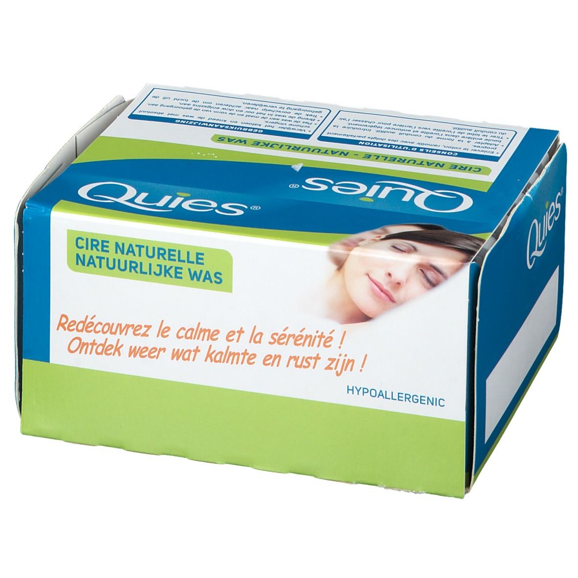 Boîte bleue et blanche avec logo Quies. Inscription: Cire Naturelle, Natuurlijke Was. Image d'une femme. Texte: Redécouvrez le calme et la sérénité !
