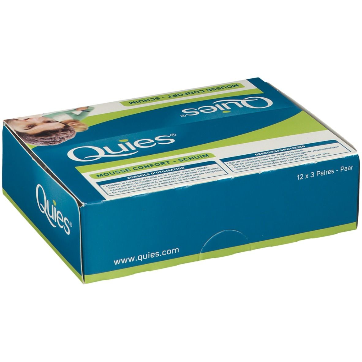 Boîte bleue et verte. Inscription Quies, Mousse Confort - Schiuma. 12 x 3 paires.