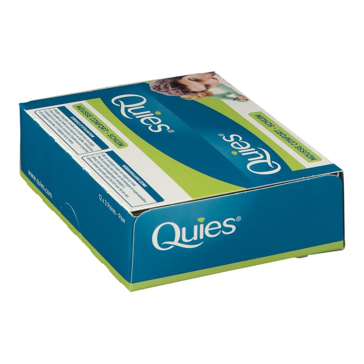 Boîte bleue et verte. Inscription Quies, Mousse Confort - Schiuma. 12 x 3 paires.