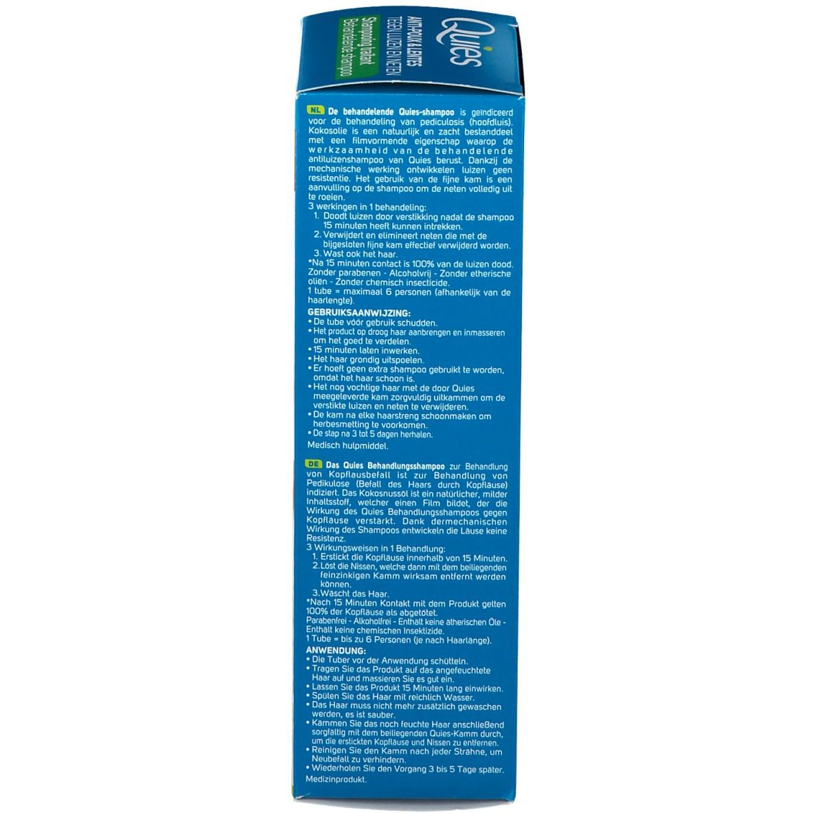 Emballage du produit. Texte multilingue. Marque : Quies.