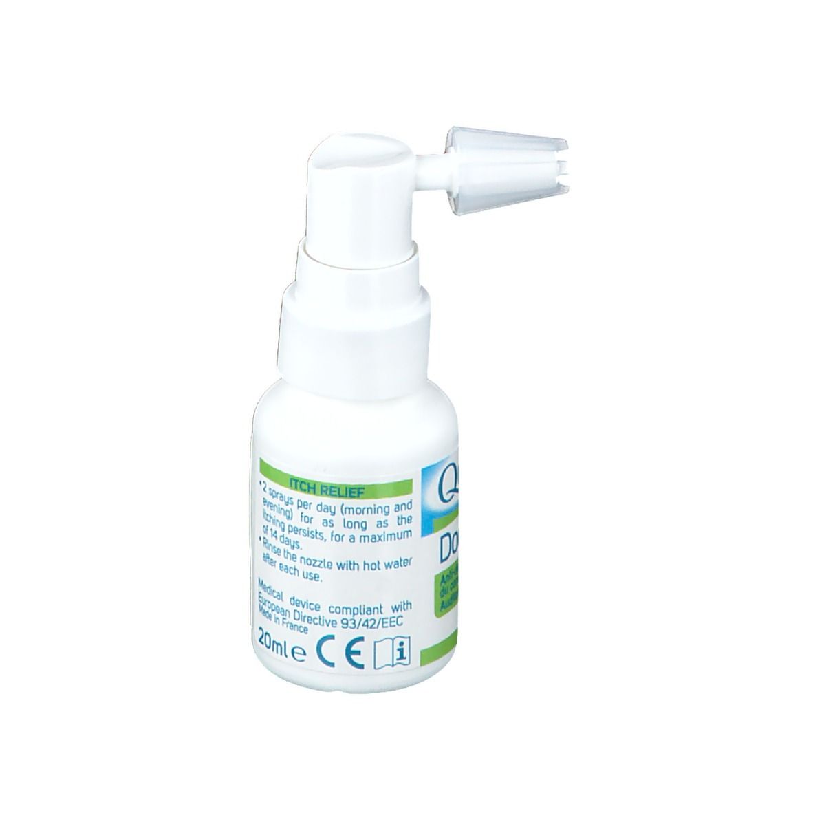 Flacon blanc avec embout spray. Inscription: Quies, Docucalm. Étiquette verte et blanche. Dispositif médical. 20ml.