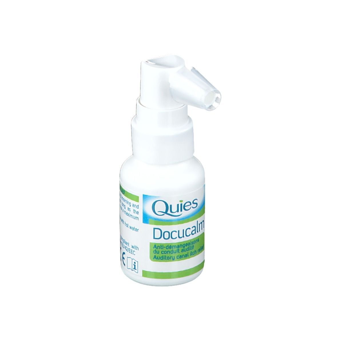 Flacon blanc avec embout spray. Inscription: Quies, Docucalm. Étiquette verte et blanche. Dispositif médical. 20ml.