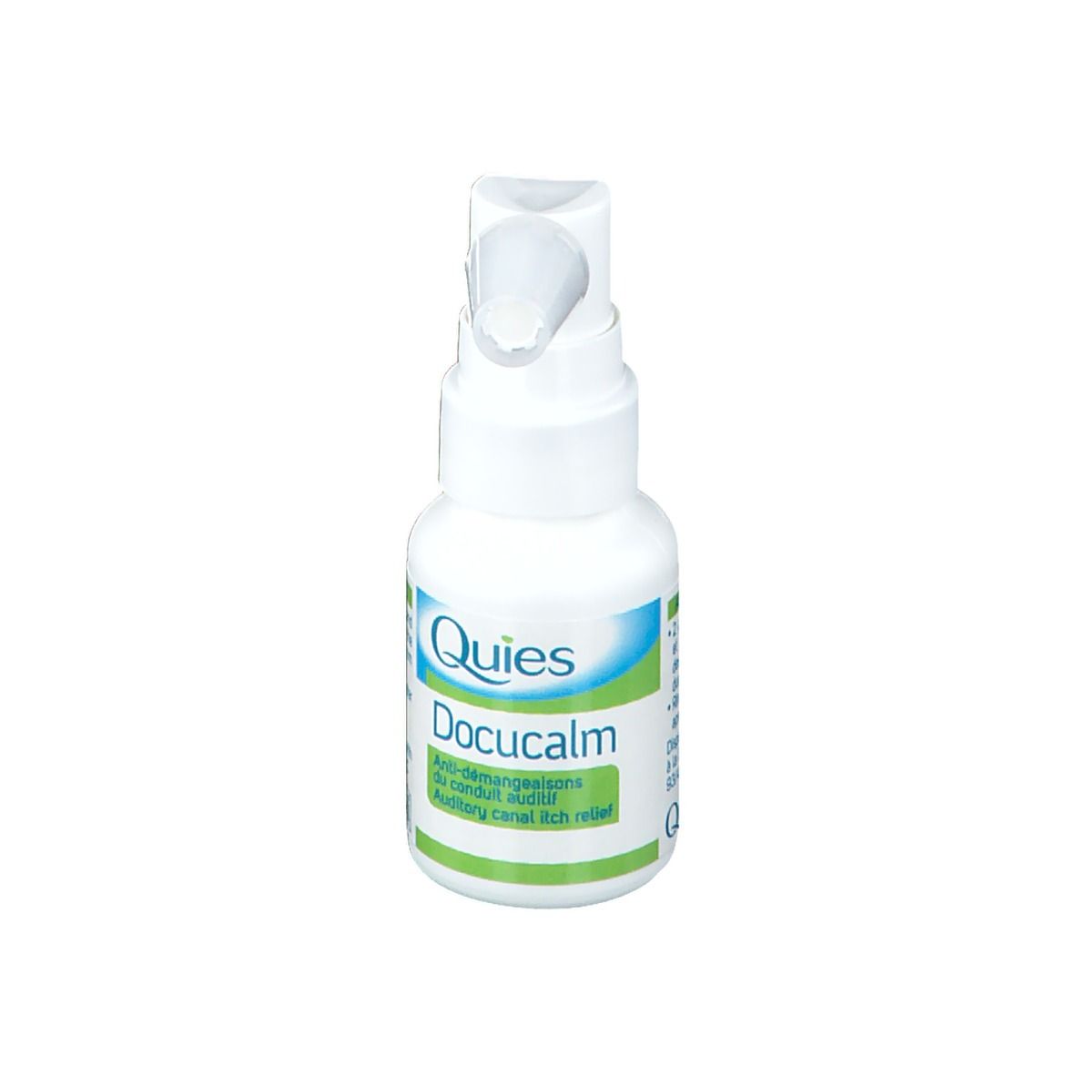 Flacon blanc avec embout spray. Inscription: Quies, Docucalm. Étiquette verte et blanche. Dispositif médical. 20ml.
