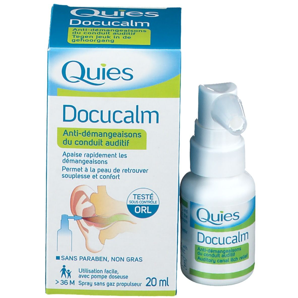Emballage produit avec flacon. Inscription: Quies, Docucalm. Vert et blanc. Sans parabène, non gras. 20 ml.