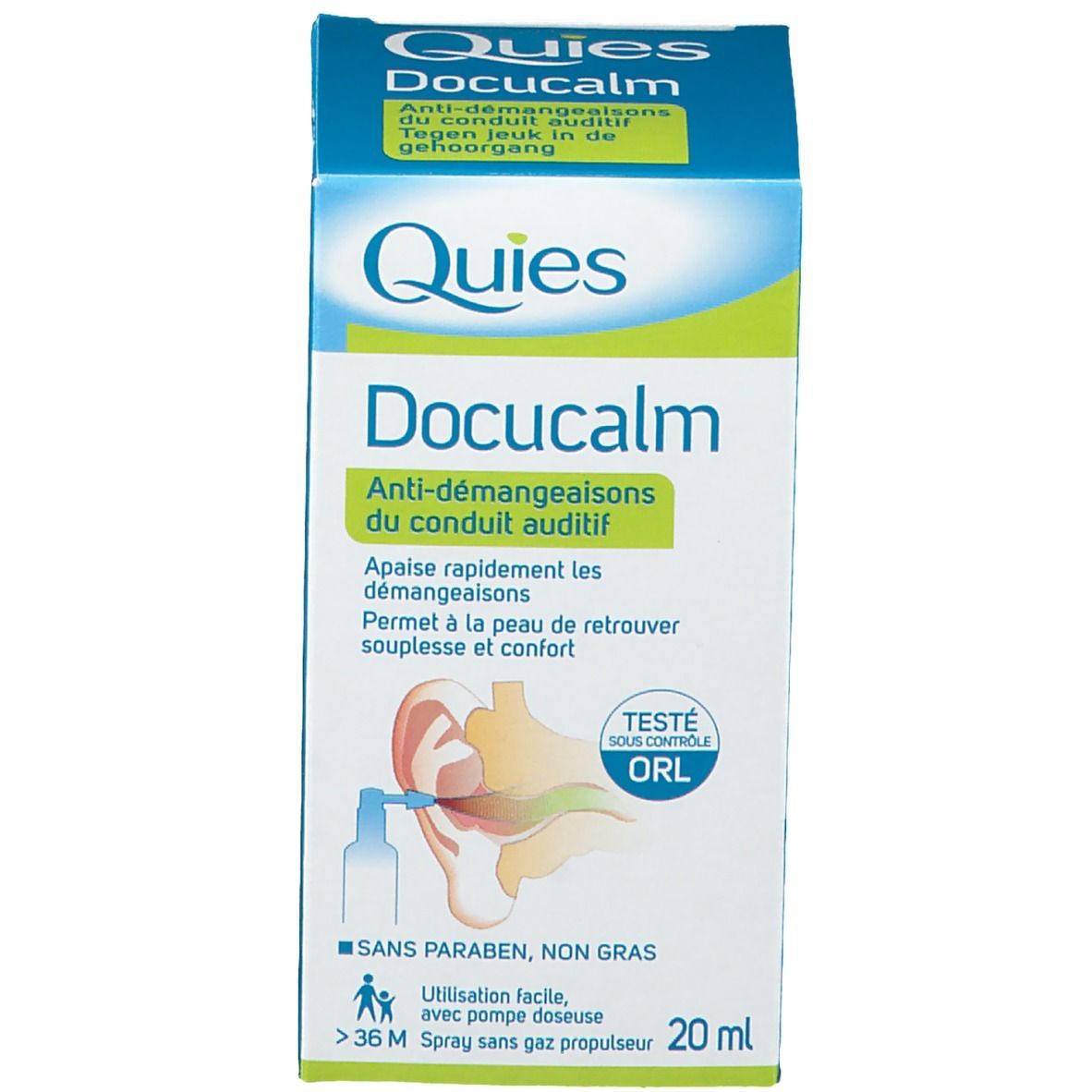 Emballage produit. Inscription: Quies, Docucalm. Vert et blanc. Sans parabène, non gras. 20 ml.