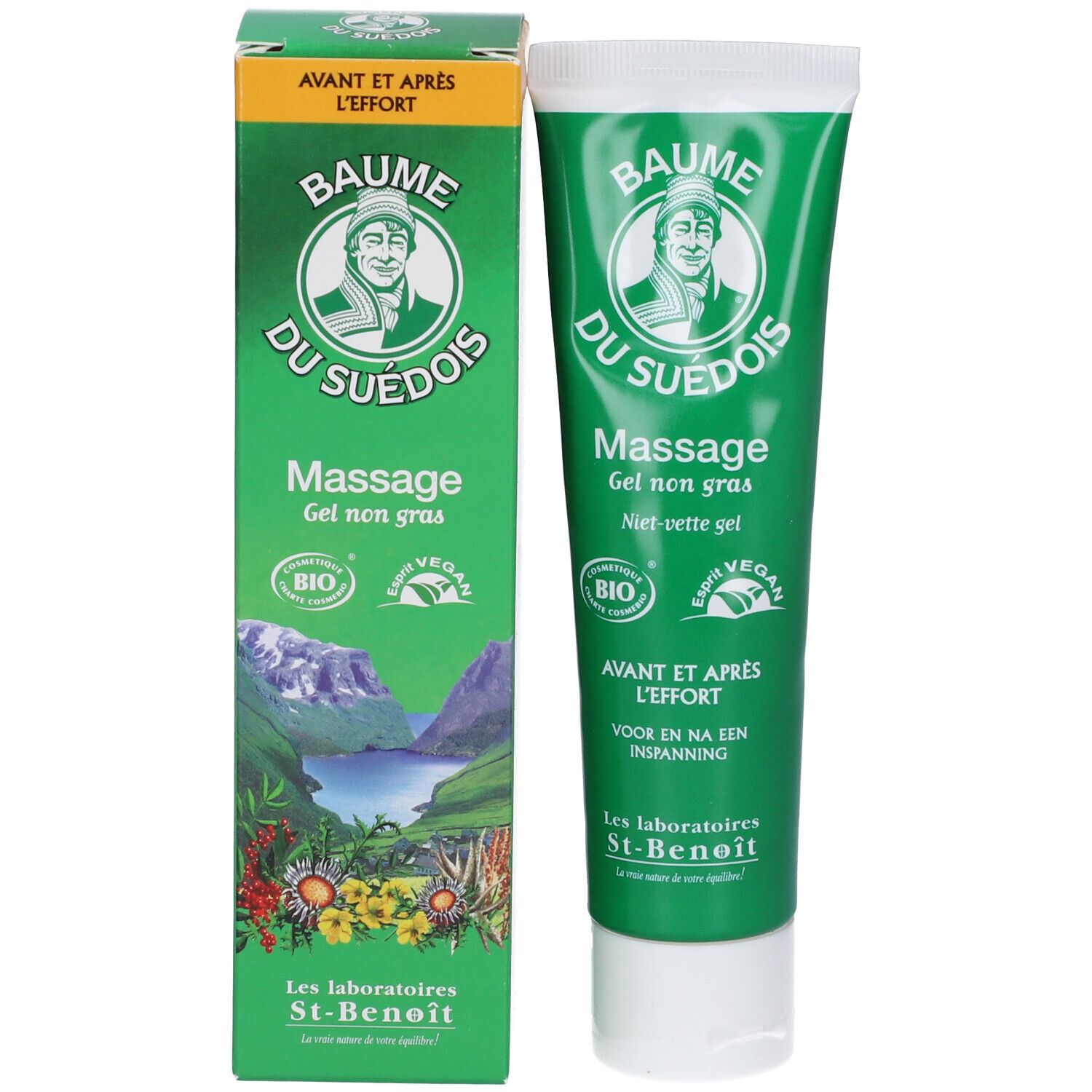 Emballage du produit : tube et boîte. Tube : vert, bouchon blanc. Boîte : verte et jaune. Inscription : Baume du Suédois.