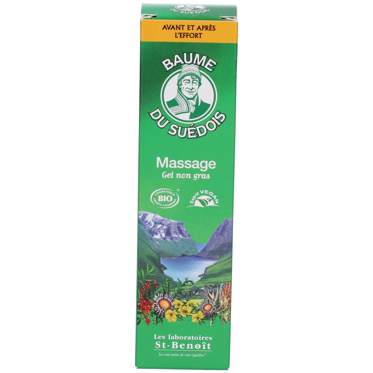 Boîte, verte et jaune. Inscription : Baume du Suédois, Massage Gel non gras. Label Bio et logo Vegan. Paysage.