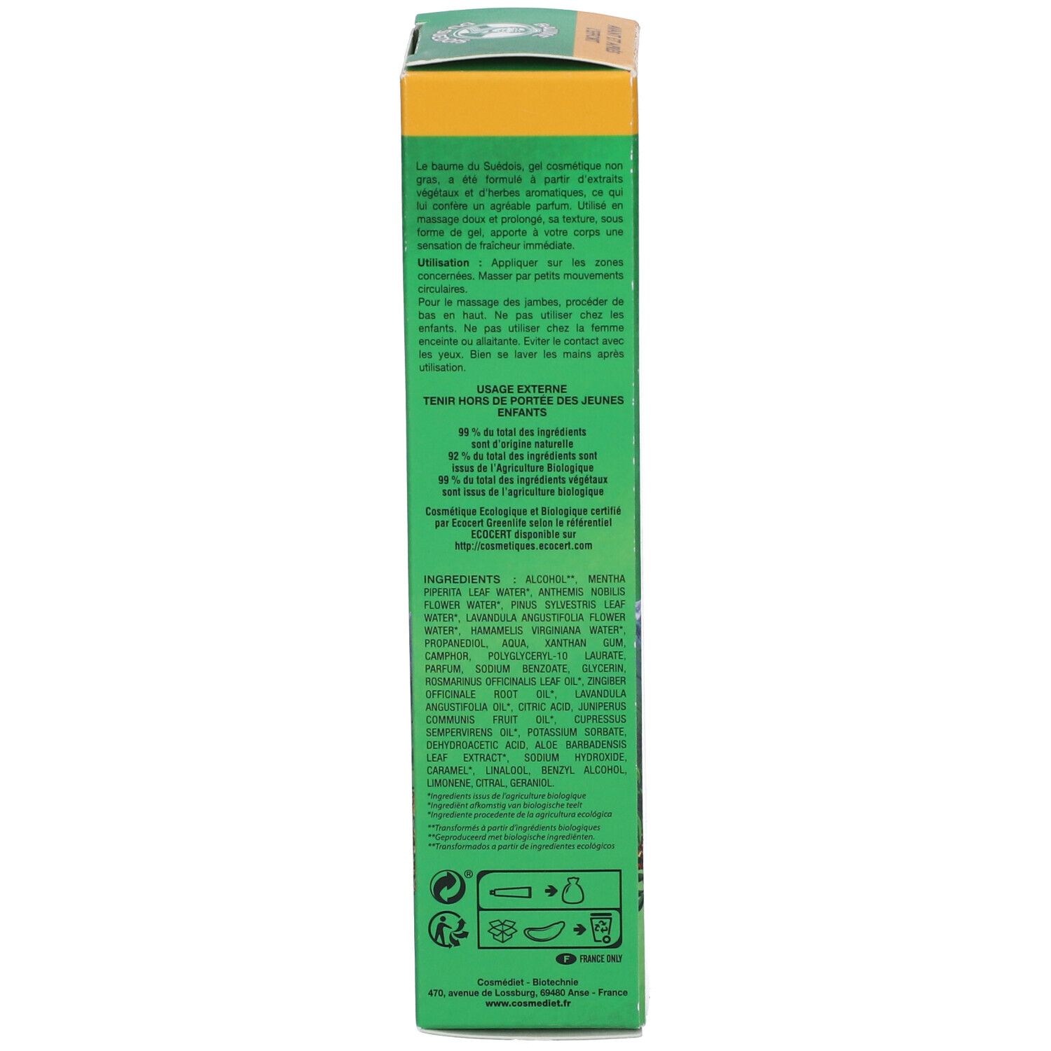 Boîte, dos. Texte, ingrédients, mode d'emploi. Logo ECOCERT. 100 ml. Fabriqué en France.