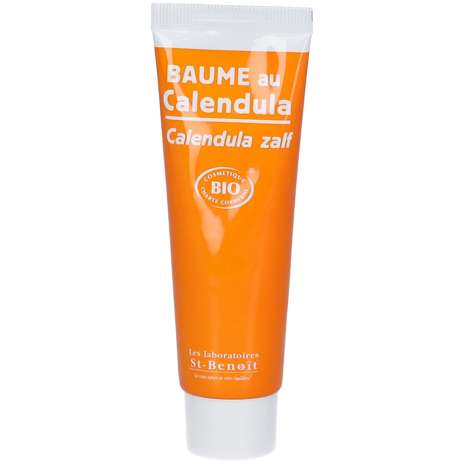 Tube orange avec bouchon blanc. Inscription: BAUME au Calendula, Calendula zalf. Label bio. Marque: Les laboratoires St-Benoît.
