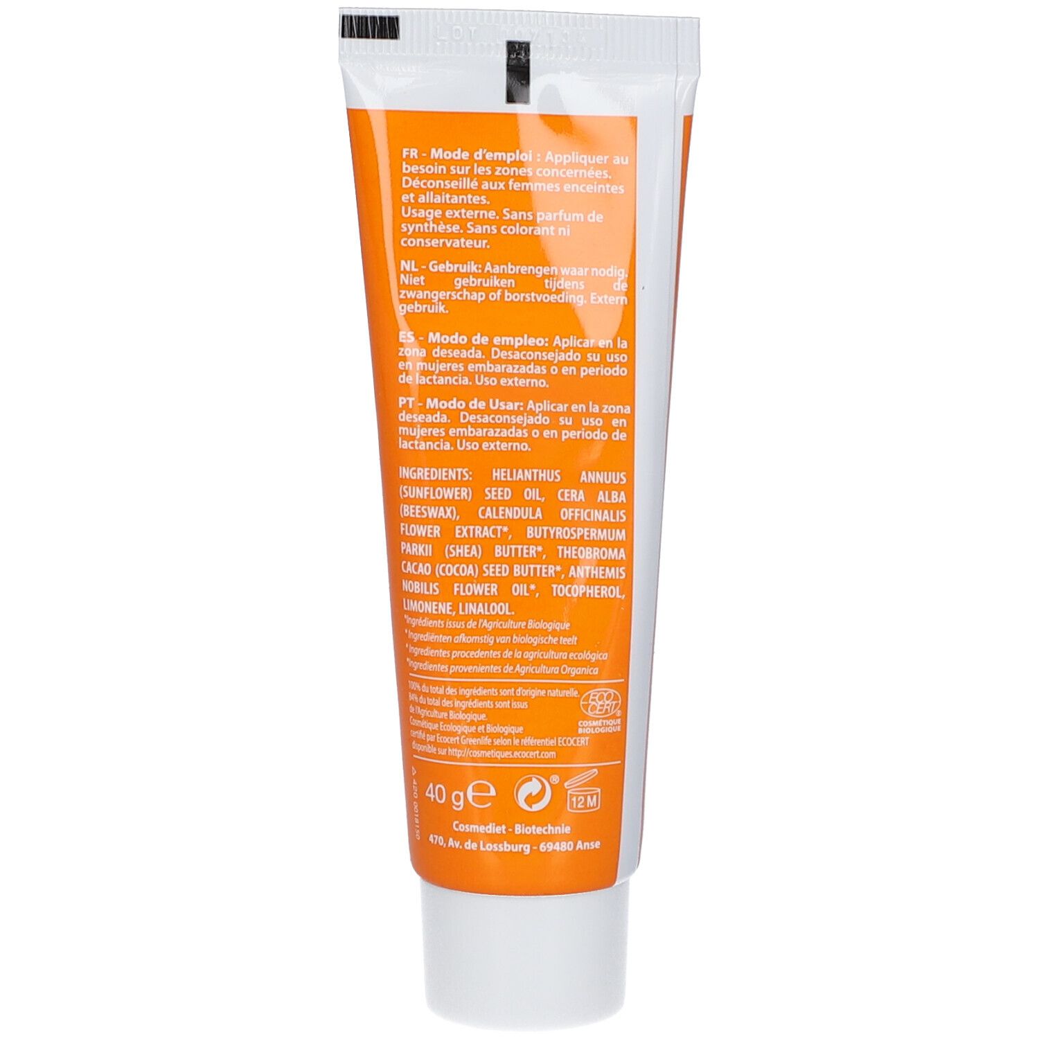 Dos du tube. Texte multilingue. Liste des ingrédients. 40g. Label bio. Marque: Les laboratoires St-Benoît.