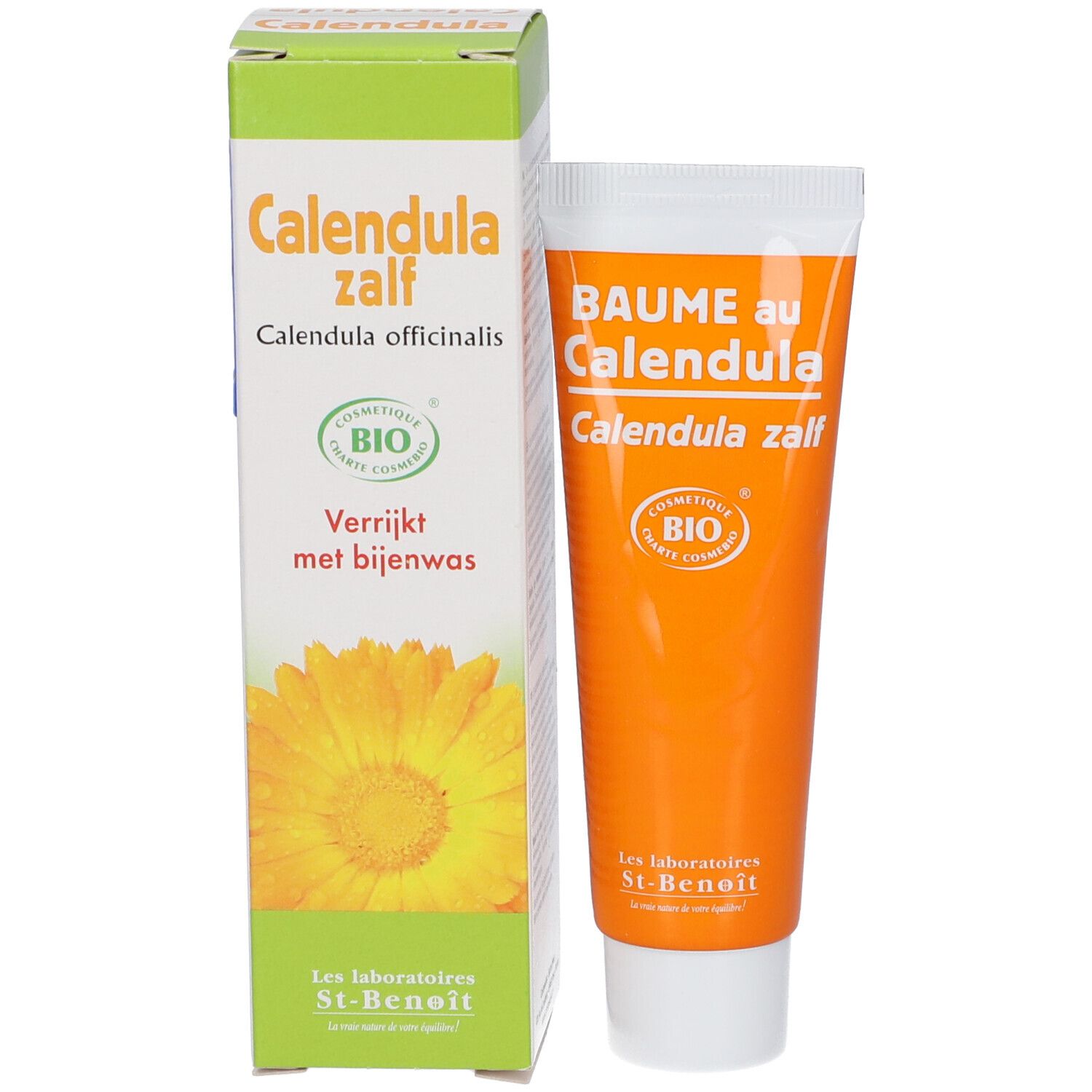 Emballage du produit. Tube et boîte. Inscription: Calendula zalf, Calendula officinalis. Label bio. Marque: Les laboratoires St-Benoît.