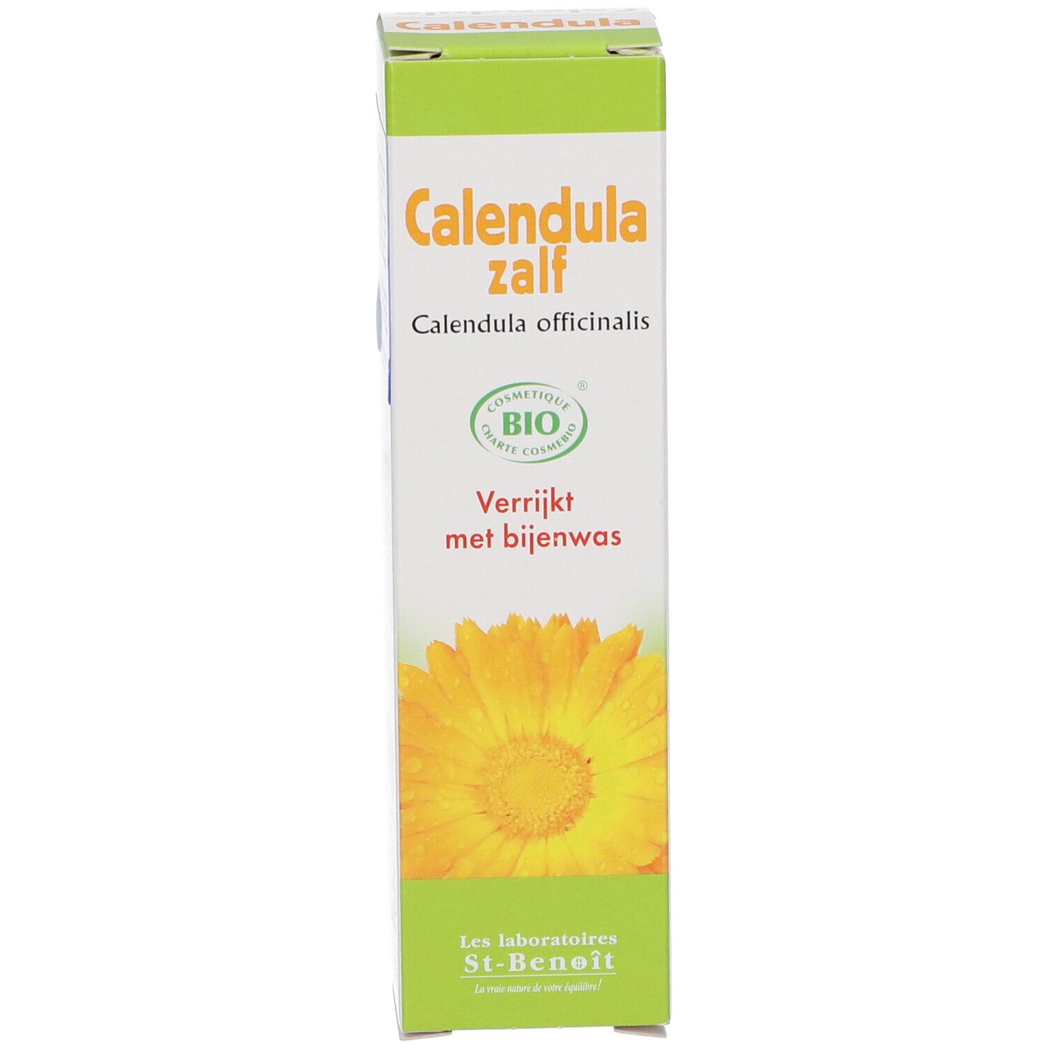 Boîte. Inscription: Calendula zalf, Calendula officinalis. Label bio. Marque: Les laboratoires St-Benoît. Fleur jaune.