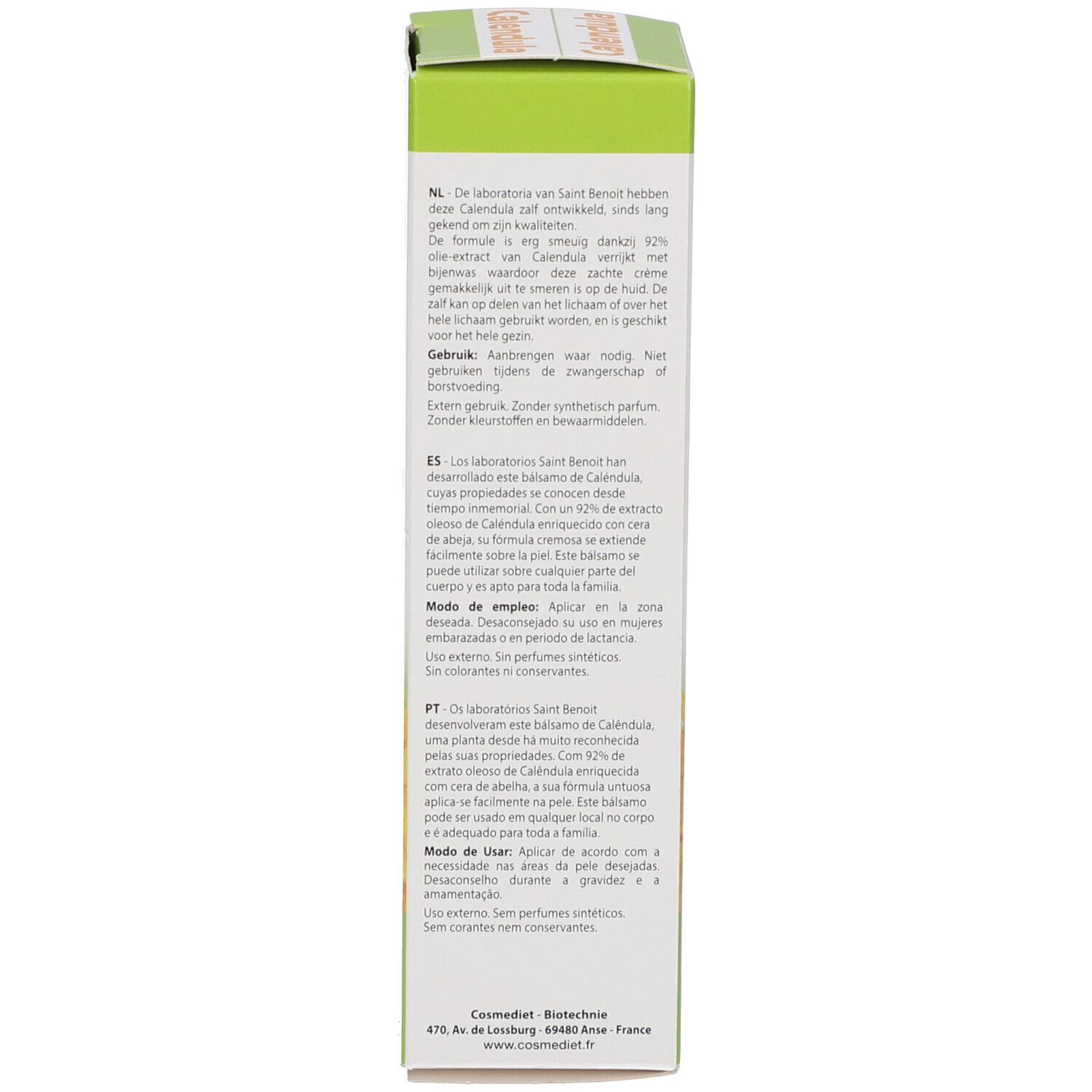 Côté de la boîte. Texte multilingue. Marque: Les laboratoires St-Benoît. Label bio. 40g.