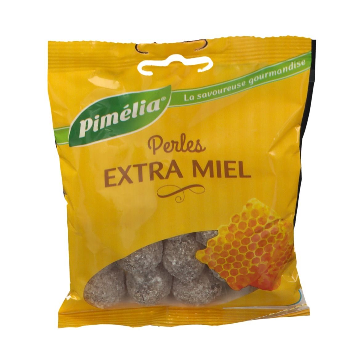 Sachet jaune "Pimélia Perles Extra Miel". Contient des bonbons et une illustration de rayon de miel. Texte: "La savoureuse gourmandise".