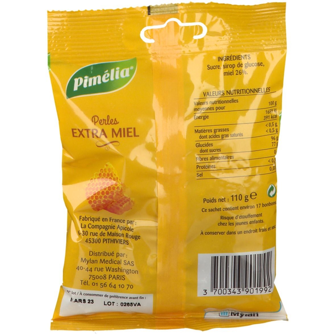 Dos du sachet "Pimélia Perles Extra Miel". Contient informations nutritionnelles, ingrédients et coordonnées du fabricant.