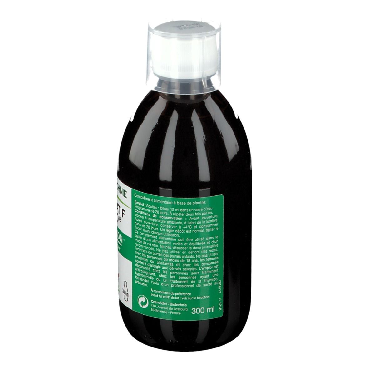 Dos d'une bouteille de liquide brun. Texte sur étiquette verte. BIOTECHNIE, DÉPURATIF PHYTO 32, 300 ml.