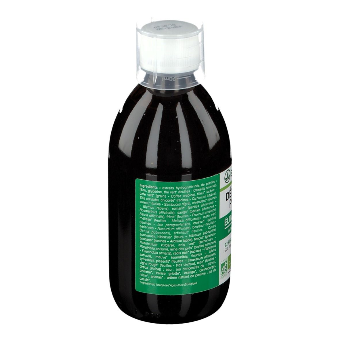 Bouteille de liquide brun, bouchon blanc. Étiquette verte avec ingrédients. BIOTECHNIE, DÉPURATIF PHYTO 32.