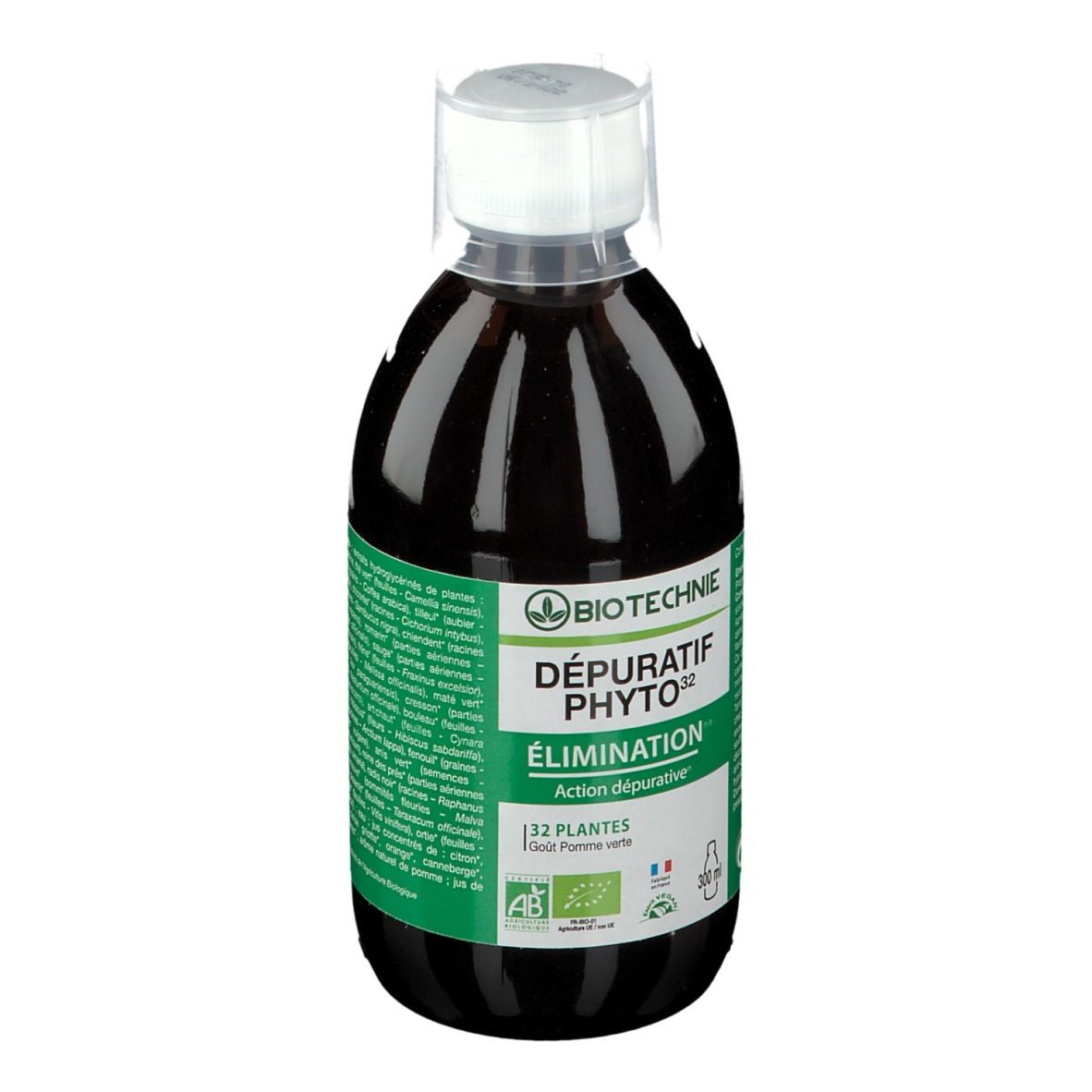 Bouteille de liquide brun, bouchon blanc. Étiquette verte. BIOTECHNIE, DÉPURATIF PHYTO 32, 300 ml.