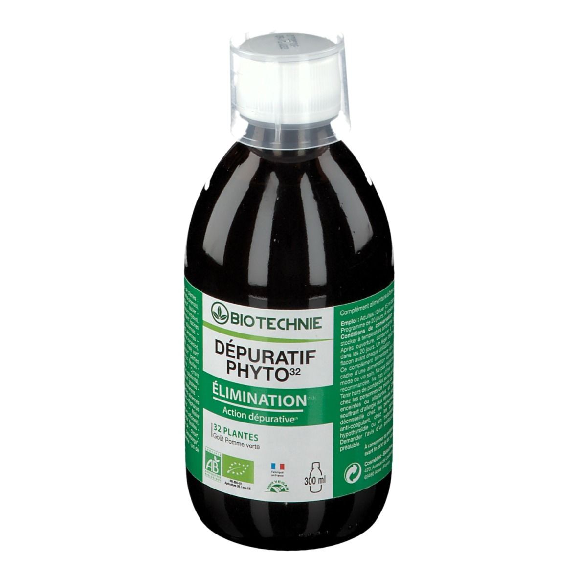 Bouteille de liquide brun, bouchon blanc. Étiquette verte. BIOTECHNIE, DÉPURATIF PHYTO 32, 300 ml.