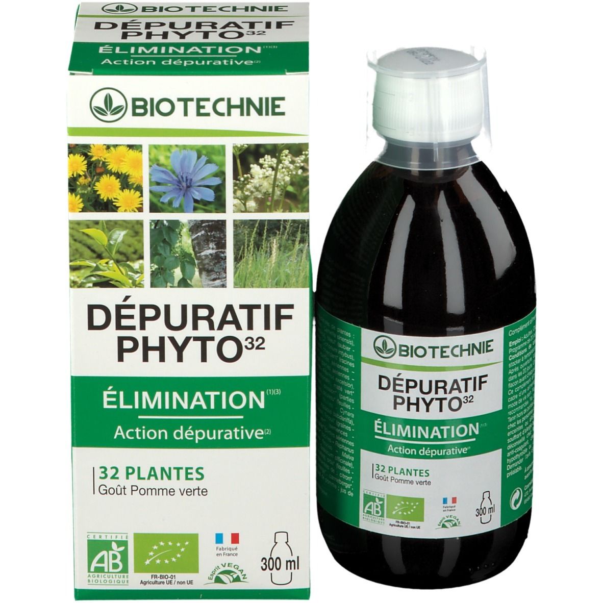 Emballage et bouteille. BIOTECHNIE, DÉPURATIF PHYTO 32, 300 ml. Emballage vert avec image du produit.