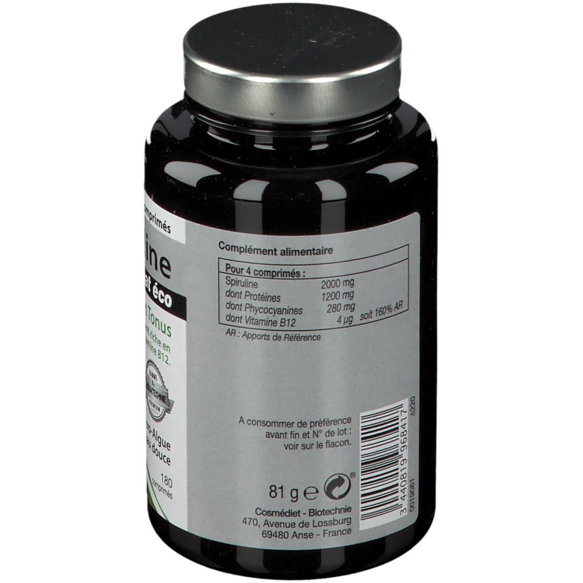 Dos du flacon. Contient des informations nutritionnelles pour 4 comprimés. Poids : 81 g. Informations fabricant.