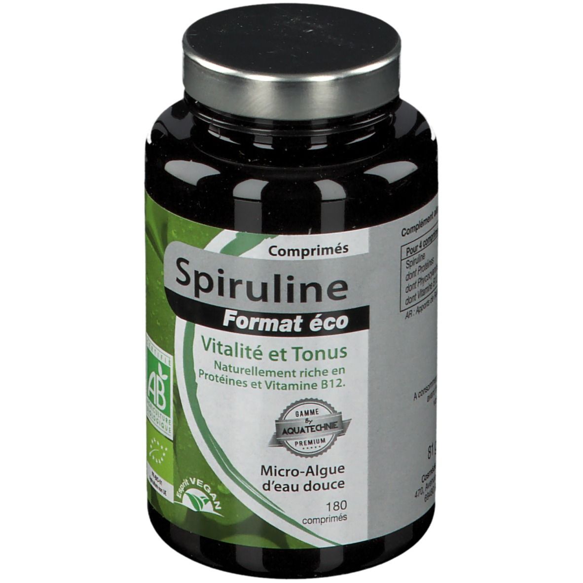 Flacon noir avec couvercle argenté. Étiquette 'Spiruline Format éco'. Contient 180 comprimés. Certification AB-Bio.