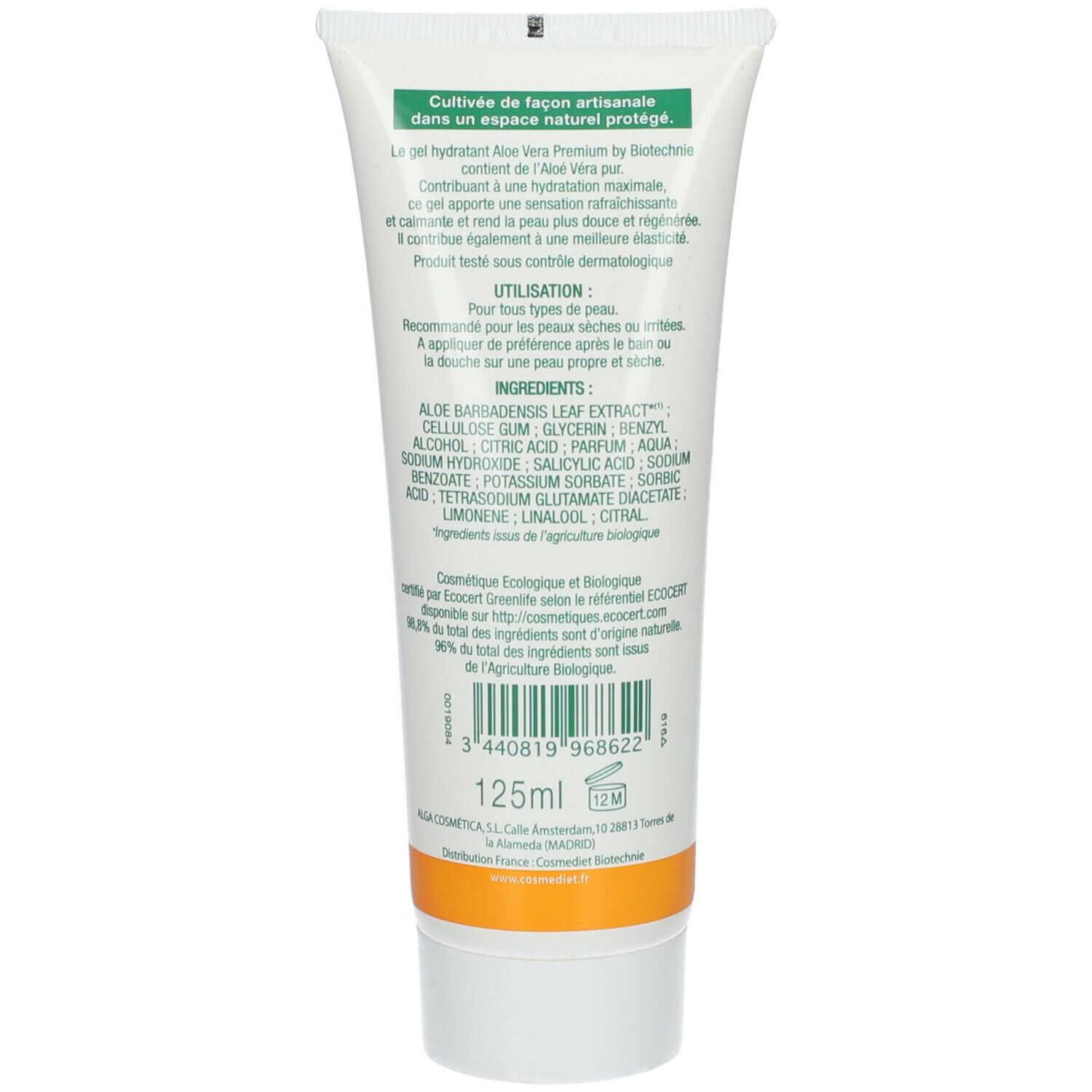 Dos du tube de gel Aloe Vera. Texte : ingrédients, 125ml, certification ECOCERT. Écriture blanche sur fond vert.