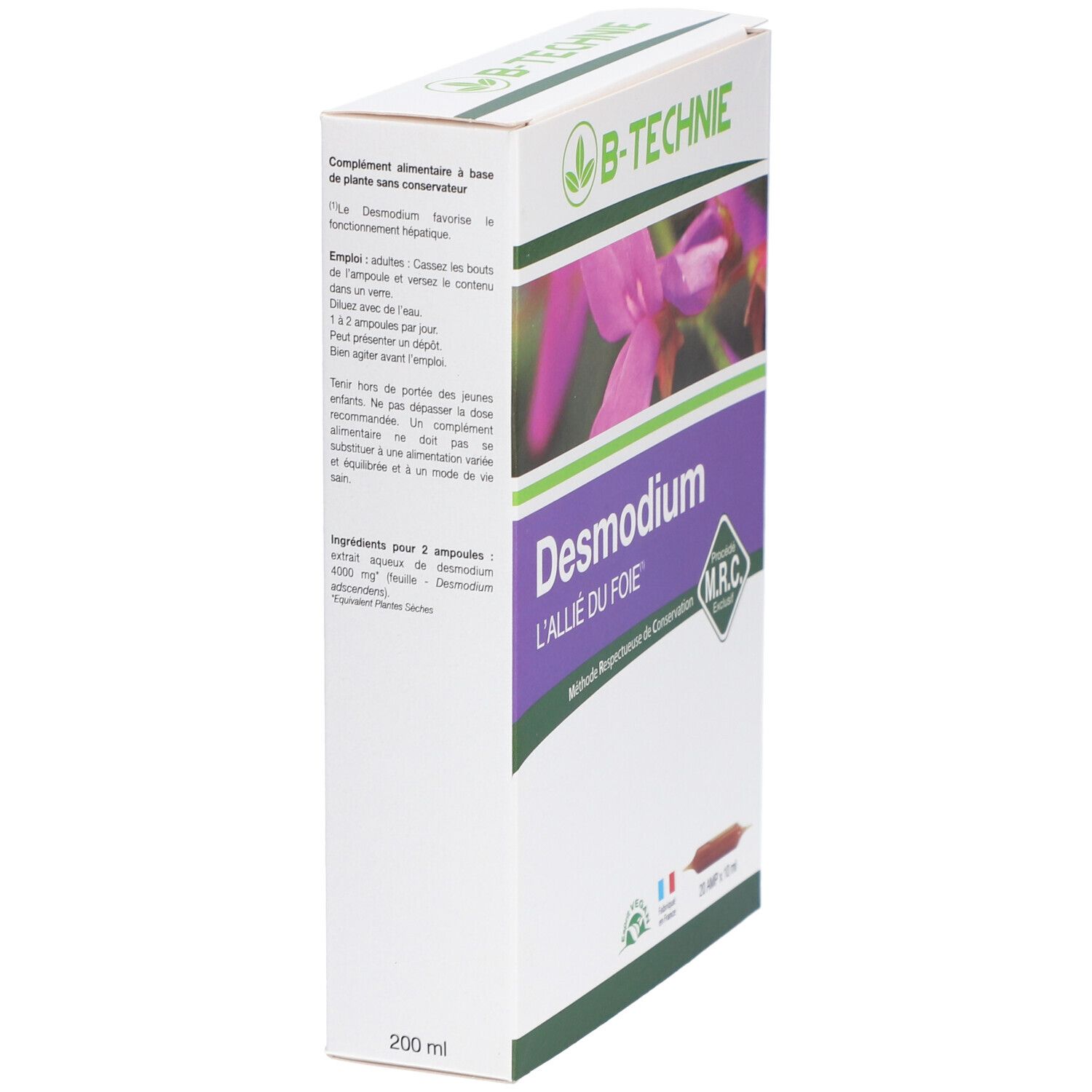 Boîte de Desmodium. Inscription : L'ALLIÉ DU FOIE. Logo B-TECHNIE. Dos avec informations et certification MRC.