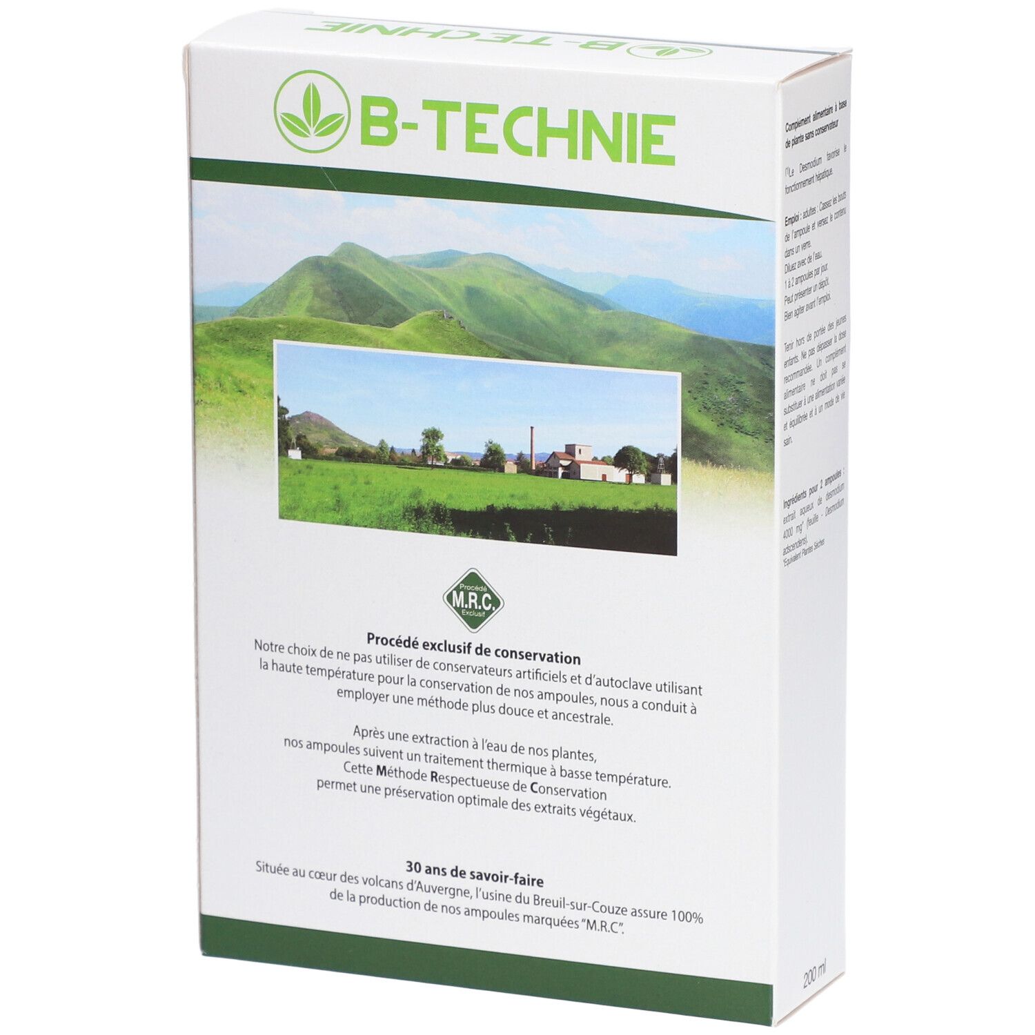 Dos de la boîte de Desmodium. Texte sur le procédé MRC. Logo B-TECHNIE. Paysage. 200 ml.