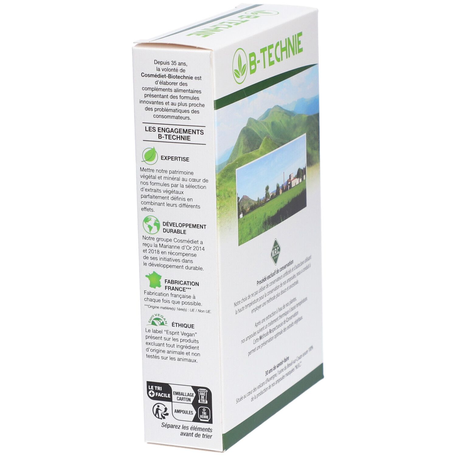 Côté de la boîte de Desmodium. Logo B-TECHNIE. Informations sur les engagements. Certifications. Fabriqué en France.