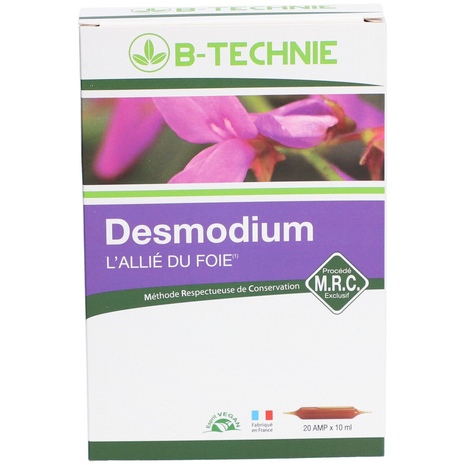 Boîte de Desmodium. Inscription : L'ALLIÉ DU FOIE. Logo B-TECHNIE. Contient 20 ampoules. Certification MRC.