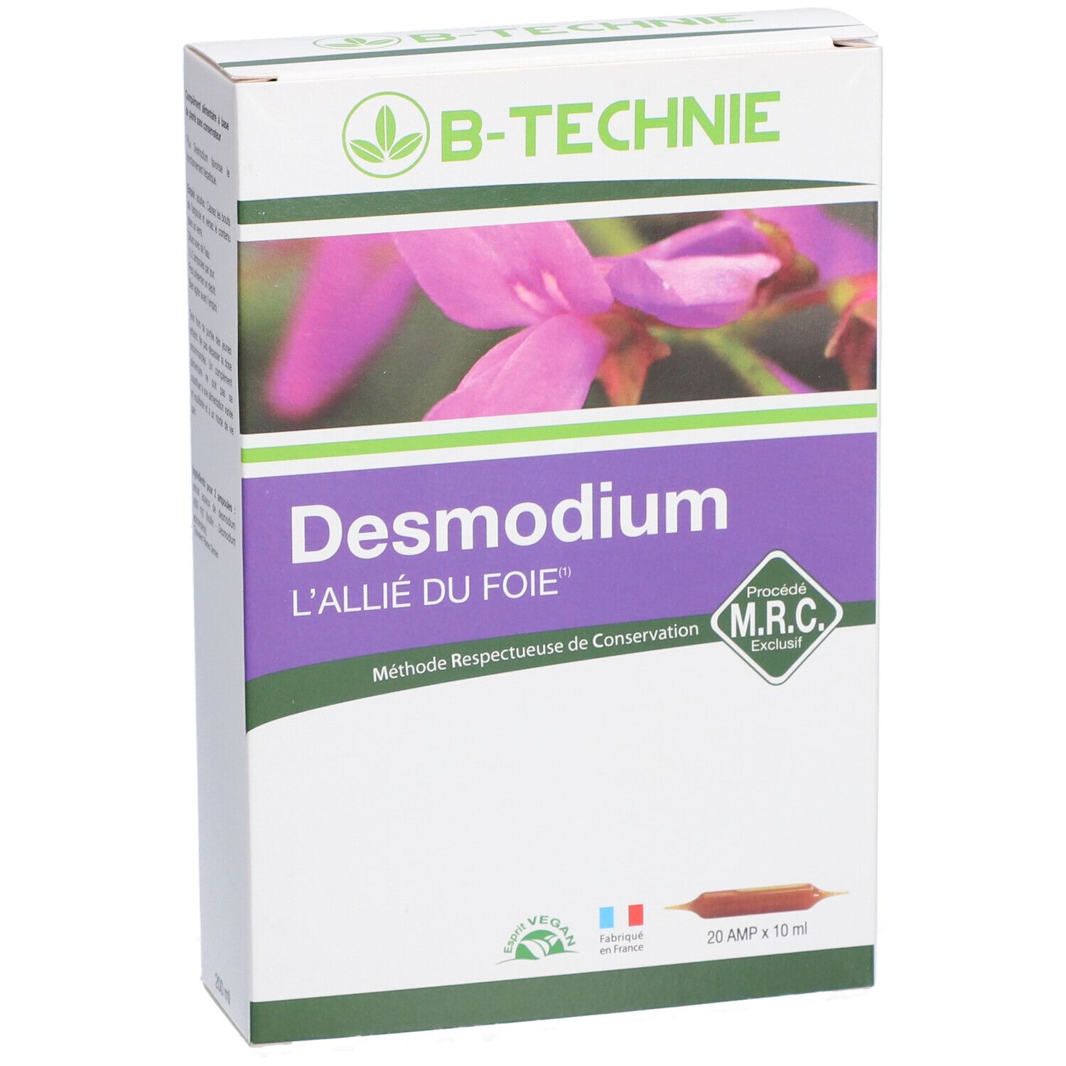 Boîte de Desmodium. Inscription : L'ALLIÉ DU FOIE. Logo B-TECHNIE. Contient 20 ampoules. Certification MRC.