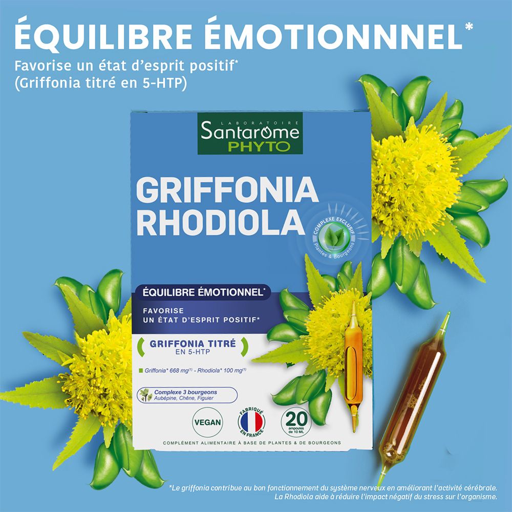 Emballage du produit avec fleurs et ampoules. Fond bleu. Nom et logo du produit visibles.