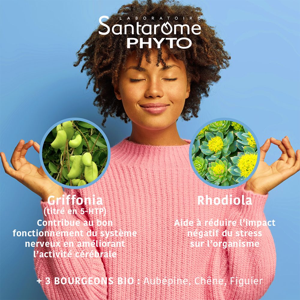 Femme méditant. Graphiques de plantes et ampoules. Nom du produit et ingrédients.