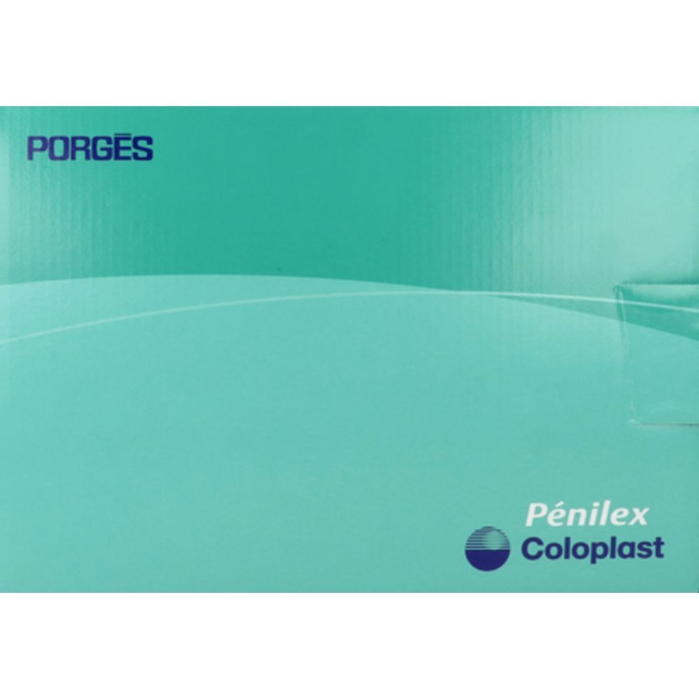 Emballage Pénilex Coloplast. Fond turquoise, texte blanc. Marque Porges. Boîte rectangulaire.