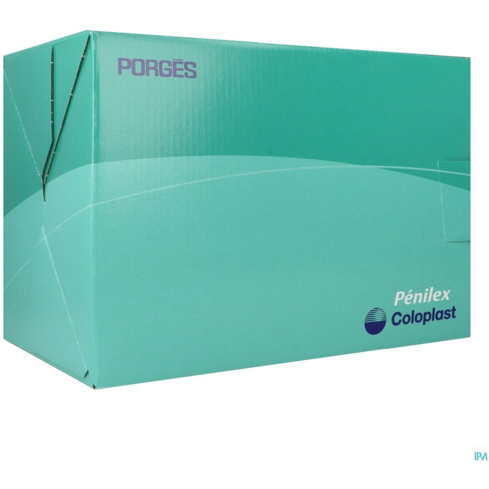 Boîte en carton Pénilex Coloplast. Turquoise, texte blanc. Marque Porges. Vue en perspective.