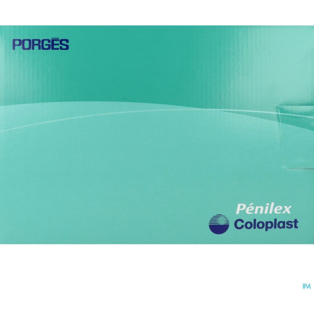 Emballage Pénilex Coloplast. Fond turquoise, texte blanc. Marque Porges. Gros plan.