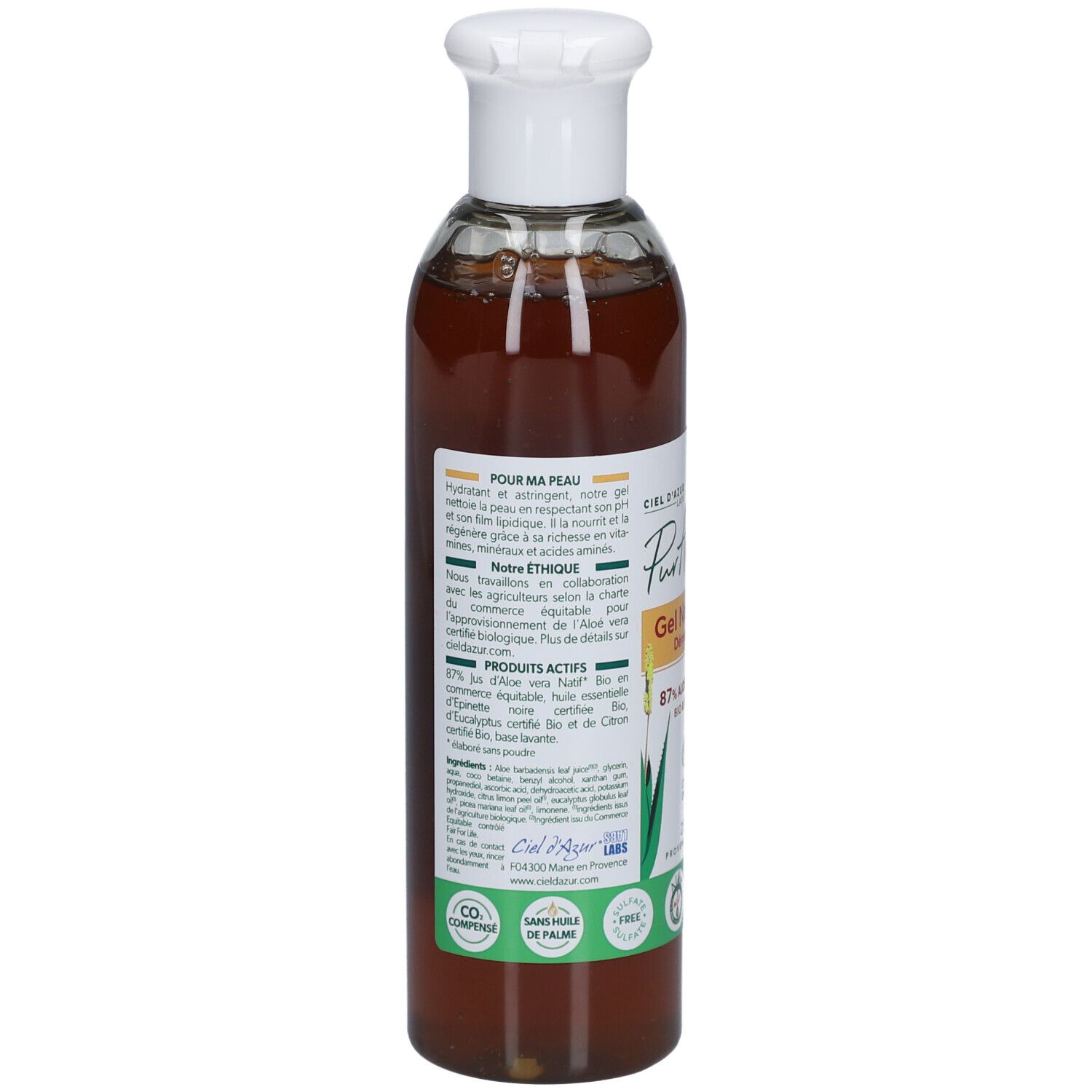 Dos du flacon. Étiquette avec informations produit, ingrédients et labels bio. Liquide transparent visible.