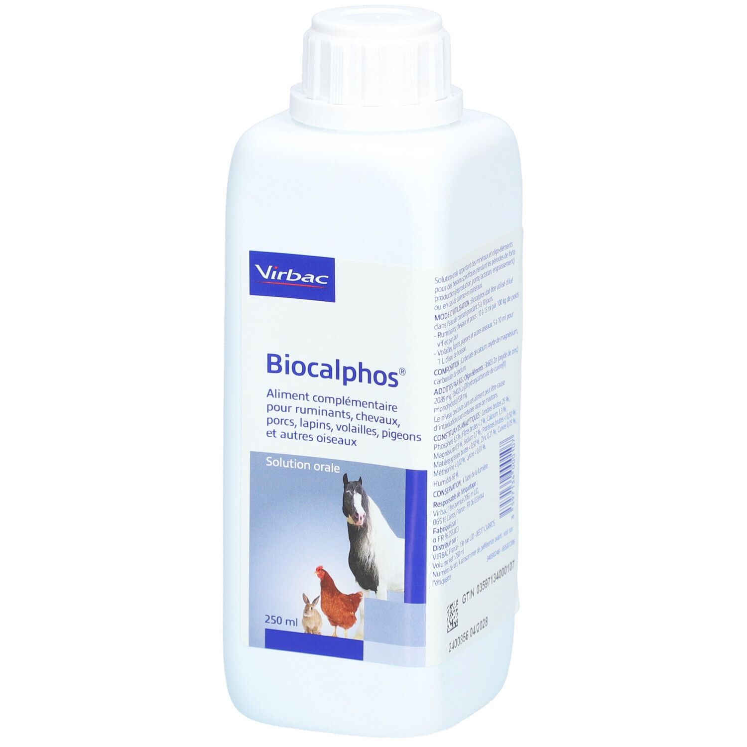 Flacon blanc avec étiquette bleue. Inscription: Virbac, Biocalphos, solution. Image de cheval, poulet et lapin. 250 ml.