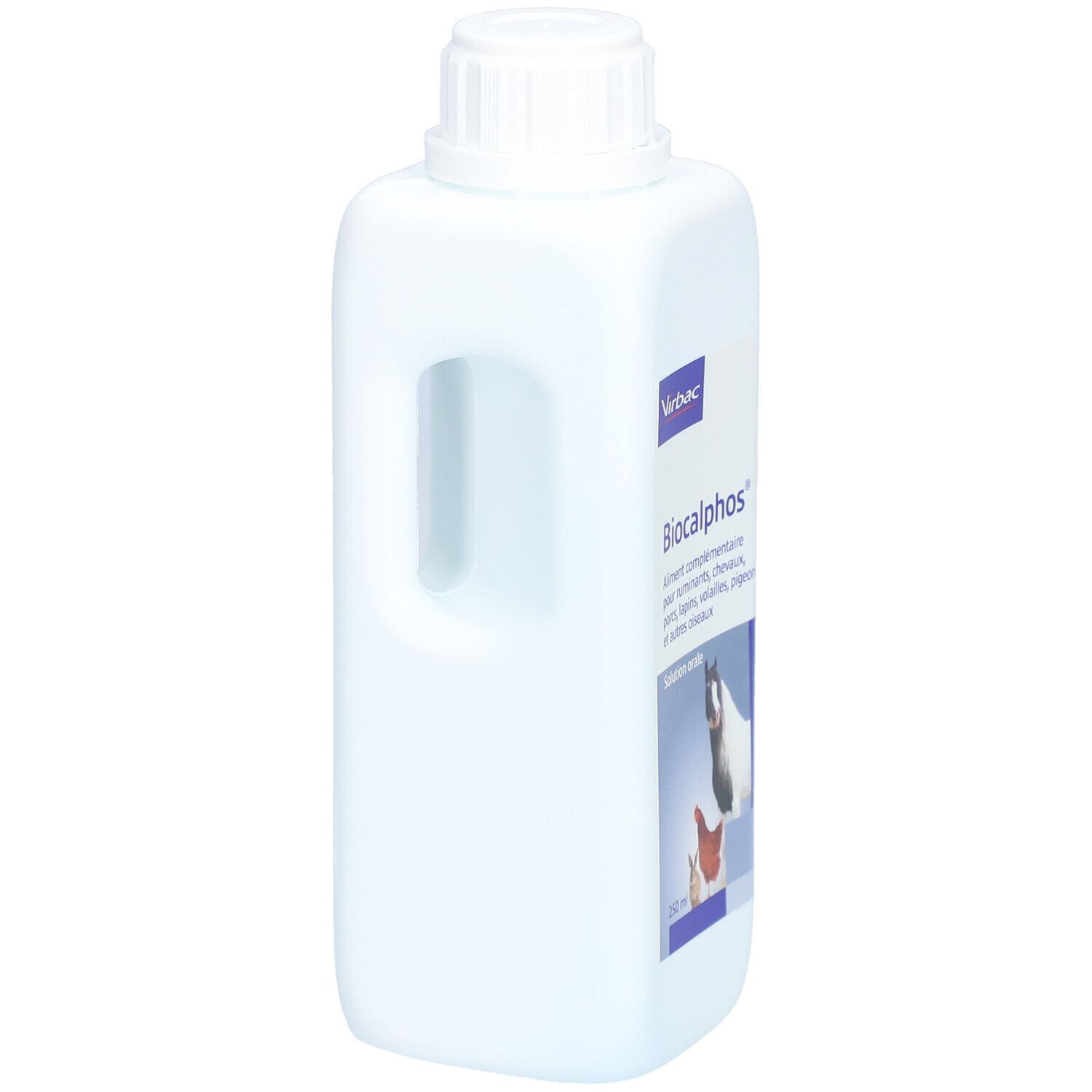 Flacon blanc avec poignée. Étiquette bleue avec inscription: Virbac, Biocalphos. Image de cheval, poulet et lapin. 250 ml.