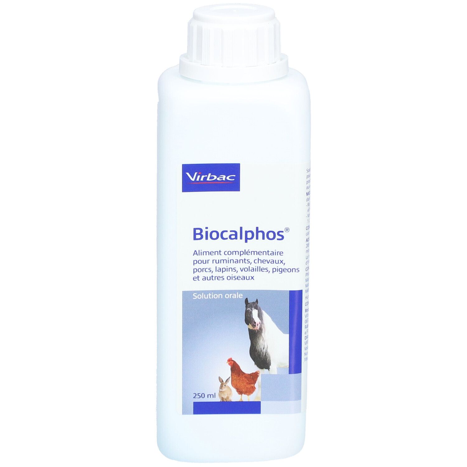 Flacon blanc avec étiquette bleue. Inscription: Virbac, Biocalphos, solution. Image de cheval, poulet et lapin. 250 ml.