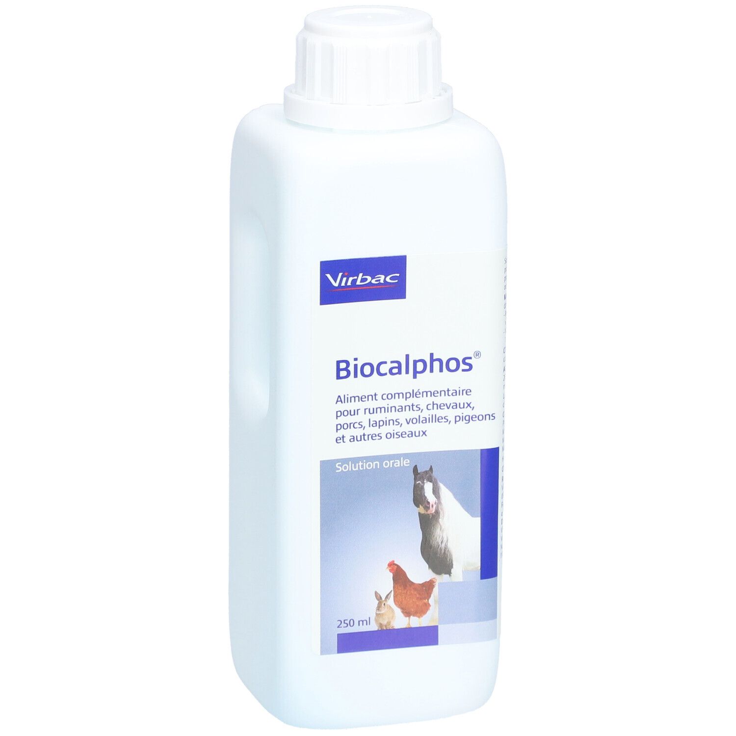 Flacon blanc avec étiquette bleue. Inscription: Virbac, Biocalphos, solution. Image de cheval, poulet et lapin. 250 ml.