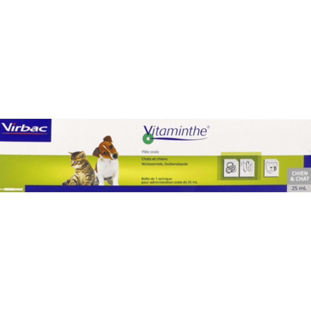 Boîte de Virbac Vitaminthe® Pâte Orale. Contient une seringue pour chiens et chats. Inscriptions: chat, chien, 25 ml.