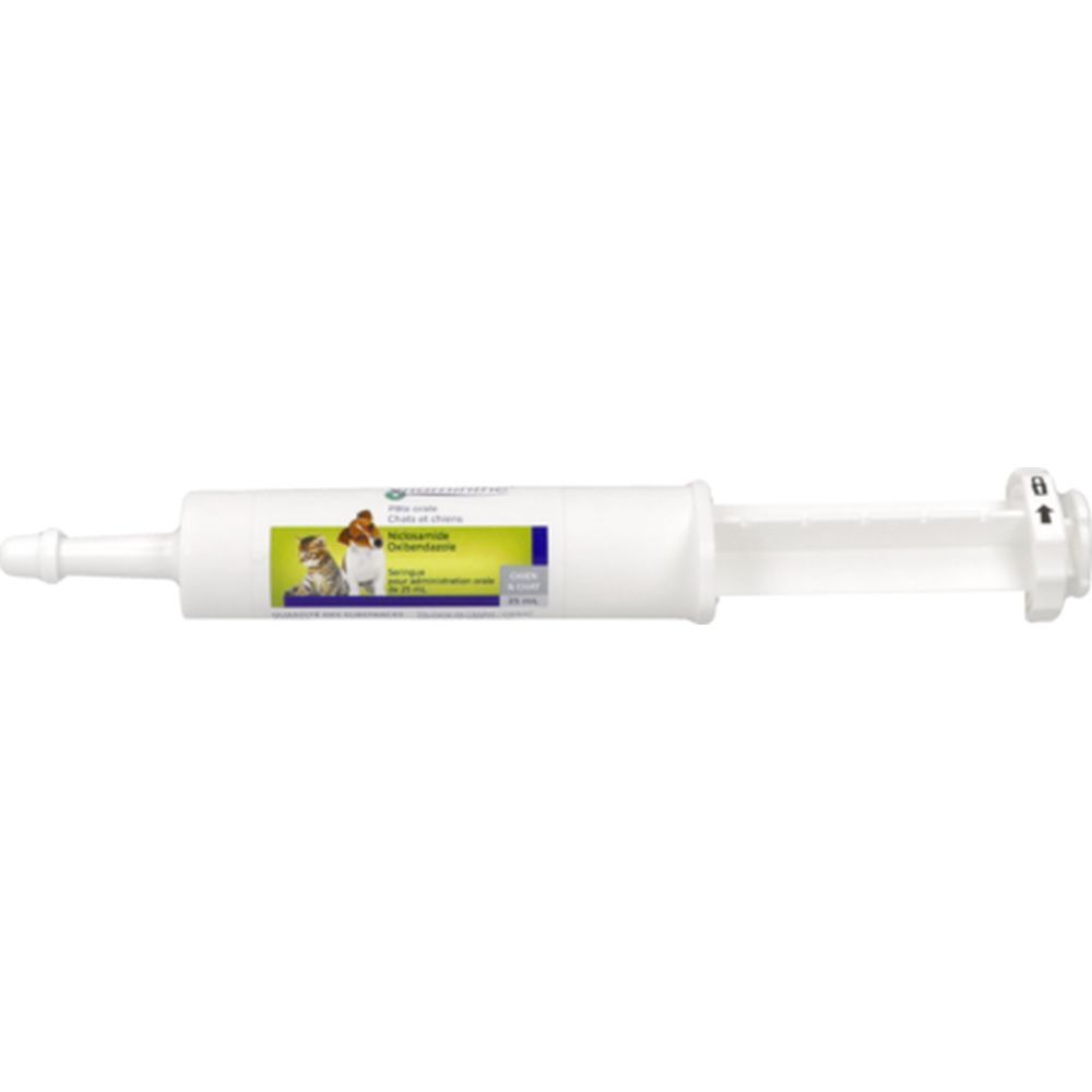 Seringue blanche de Virbac Vitaminthe® Pâte Orale. Inscriptions: chat, chien, 25 ml. Avec bague de dosage et embout.