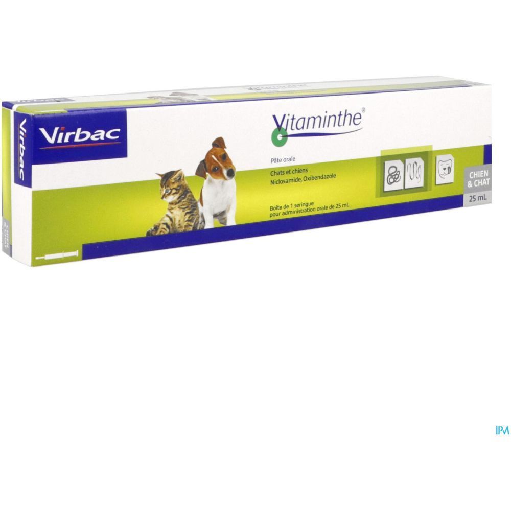 Boîte de Virbac Vitaminthe® Pâte Orale. Inscriptions: chat, chien, 25 ml. Logo Virbac. Boîte en biais.