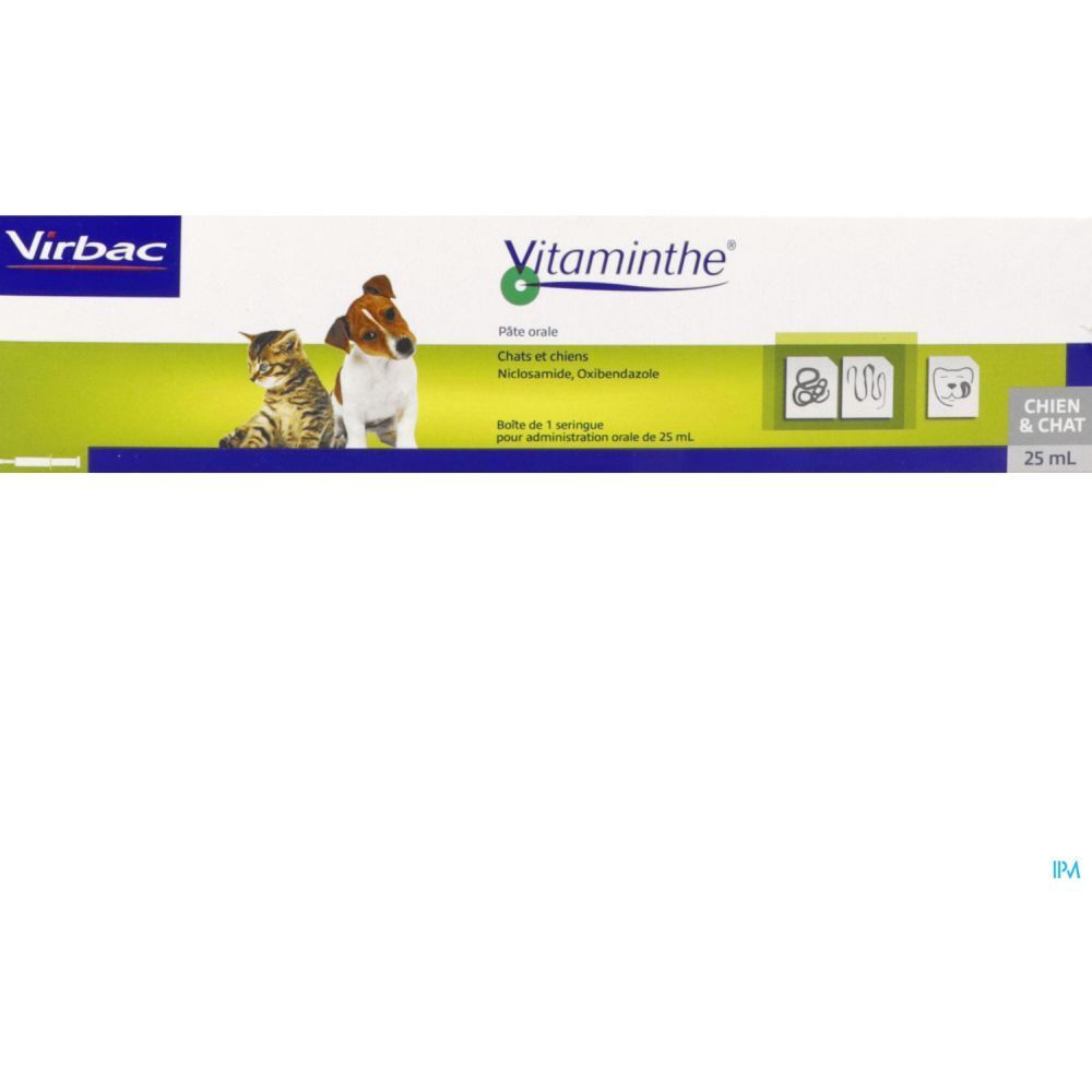 Boîte de Virbac Vitaminthe® Pâte Orale. Inscriptions: chat, chien, 25 ml. Logo Virbac. Vue rapprochée.